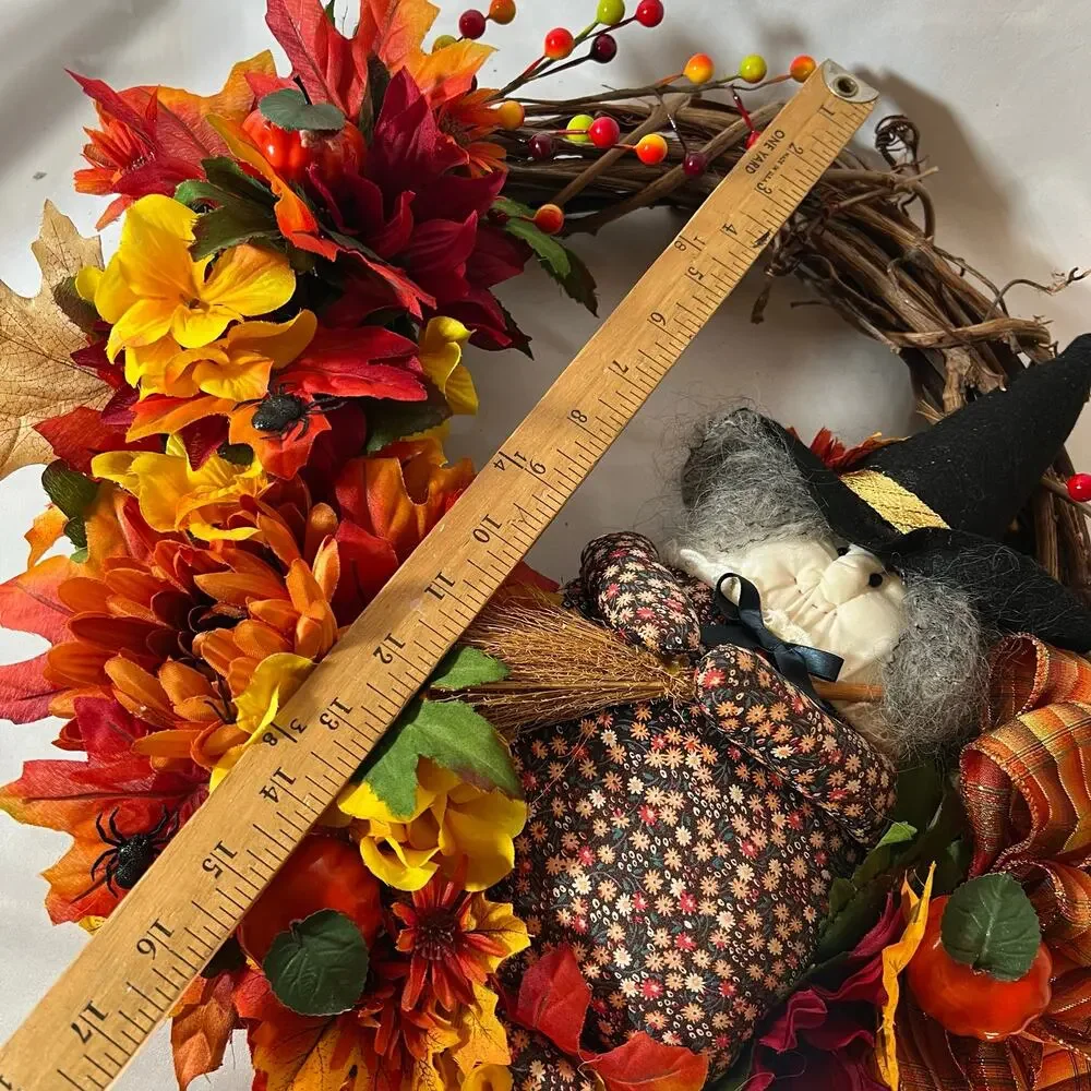 Vintage Halloween 17” Grapevine Wreath Witch Fall Leaves & Flowers Multicolor